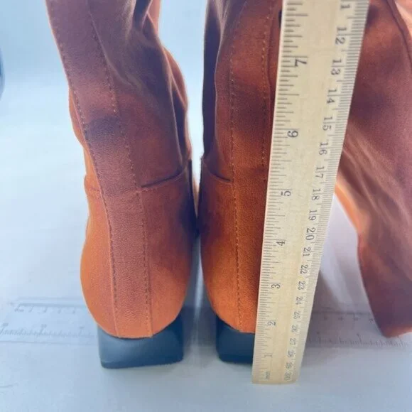 Women Square Toe Knee High Boot Wide Calf Low Chunky Heel Flat Long Boot Orange - Picture 4 of 7